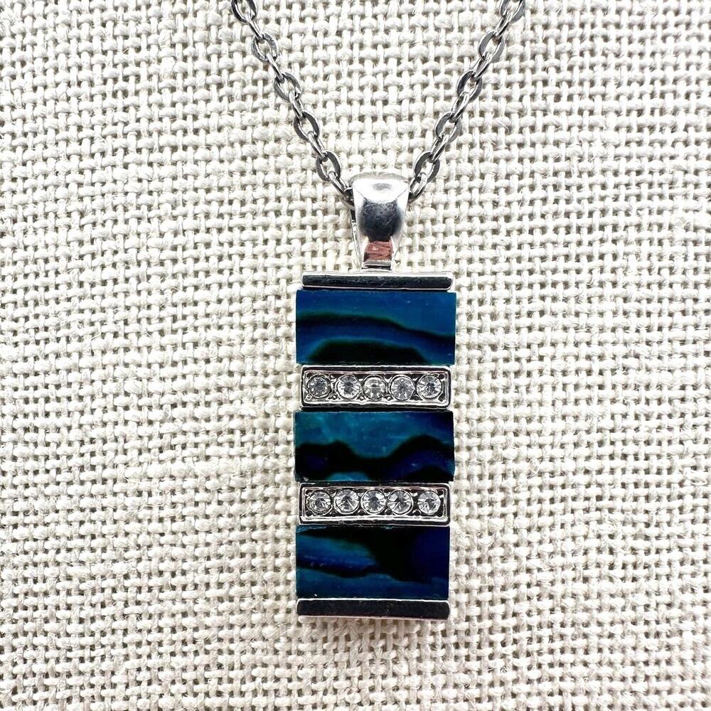 Vintage Y2K Silver Tone Rhinestone Rectangle Pendant Necklace Women's Jewelry